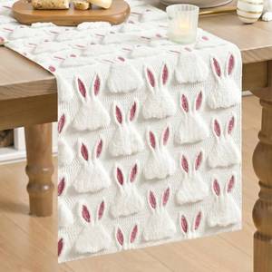lot 6122 image: Artoid Mode White Soft Plush Faux Fur Jacquard Pink Ear Bunny Easter Table Runner, Spring Holiday Kitchen Dining Table Decoration for Home Party Decor 13x72 Inch