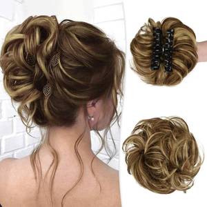 lot 6124 image: RUWISS Claw Clip Messy Bun Hair Piece Real Human Hair Buns Wavy Curly Chignon Hair Bun Extensions Tousled Updo Hair Buns Claw Clip Ponytail Hairpieces - Brown with Blonde Highlights