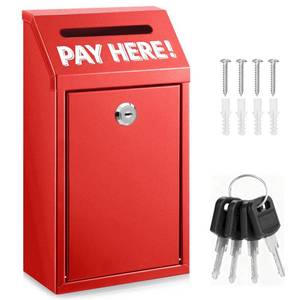 lot 6127 image: Cash Money Box with Slot �� 10.2In Metal Donation Box with Lock for Cash Deposit,Wall Mounted Money Drop with Lock and Slot for HomeFarmOfficeOutdoors(Red)