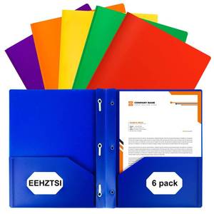 lot 6130 image: EEHZTSI 6-Pack Plastic Folders with Pockets and Prongs,2-Pocket Folders with 3 Fasteners, Holds 8-12 x 11 Paper for SchoolOfficeHome, Assorted