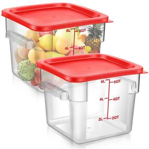 lot 9380 image: Suclain 2 Pcs Square Food Storage Container Polycarbonate Clear Food Container with Red Lid Commercial Rice Storage with Red Graduations for Commercial Kitchen (6 Qt)