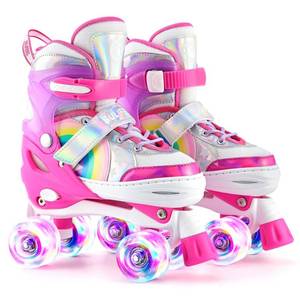 lot 9394 image: SULIFEEL Rainbow Unicorn 4 Size Adjustable Light up Roller Skates for Girls Boys for Kids Beginners Rollerskates Pink Medium