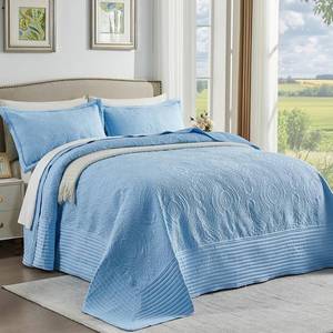 lot 9397 image: ENJOHOS Light Blue Alaska King Quilt 132 x 120, Oversized King Bedspreads, 3 Piece Soft Lightweight Extra Wide Microfiber Quilts, Vintage Boho Striped Pattern Summer Coverlet