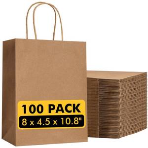 lot 9398 image: RACETOP Brown Paper Bags with Handles Bulk 100Pcs 8x4.5x10.8 Inch Gift Bags Bulk, Brown Kraft Paper Bags for Retail, Party, Shopping, Favor
