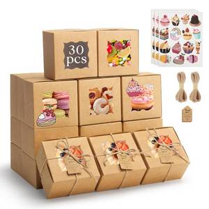lot 10056 image: OAMCEG 30pcs Cookie Boxes with Window, 4x4x2.5 Inch Bakery Treat Boxes with Cake-Themed Stickers for Mini Cake, Pastry, Dessert, Chocolate, Strawberries, Party Favors (Brown)