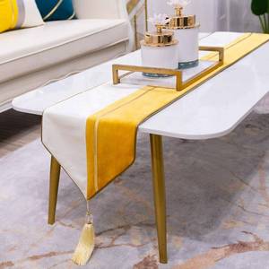 lot 10076 image: Avigers 12 x 78 Inch Decorative Luxury Yellow White Gold Leather Striped Patchwork Velvet Table Runners with Tassels for Home Living Room Bedroom Art Decor Wedding