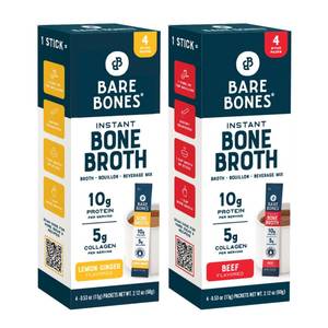lot 10097 image: Bare Bones Bone Broth Instant Powdered Beverage Mix, Chicken & Beef, Variety Pack of 8, 4 Chicken & 4 Beef - 15g Sticks, 10g Protein, Keto & Paleo Friendly