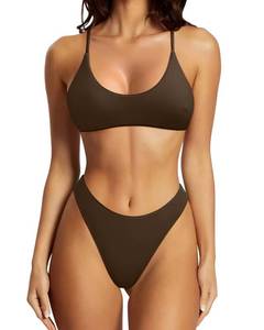 lot 10109 image: SUUKSESS Women Sexy High Waisted Thong Bikini Sets Reversible String Two Piece Swimsuits Push Up Bathing Suit(Dark Brown,M)