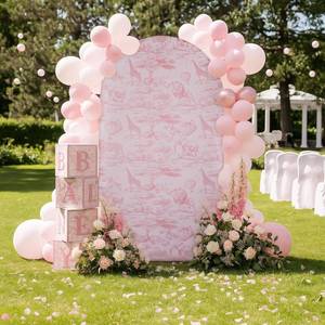 lot 10478 image: VitalCozy 7.2ft Pink Toile De Jouy Arch Backdrop Cover Safari Jungle Themed Baby Shower Spandex Arch Stand Covers Round Top Backdrop Cover for Safari Chinoiserie Baby Shower Decorations Photoshoot