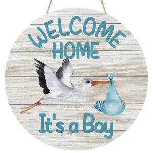 lot 10495 image: YINENA Welcome Home Baby Boy Door Sign Wood Door Hanger for Outdoor Outside Porch Farmhouse Newborn Gender Reveal Stork Wooden Indoor Wall Hanging Decoration