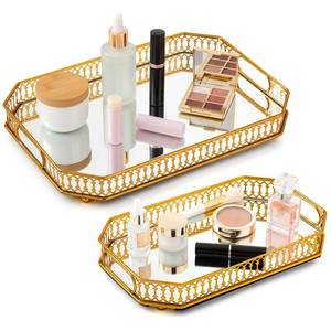 lot 11954 image: Fiwochic 2 Pcs Gold Mirror Vanity Tray Set for Dresser, 2 Sizes Decorative Tray with Handles, Vintage Bar Cart Accessories, Non Slip Perfume & Jewelry Organizer for Bathroom, Bedroom, Bar Cart Decor