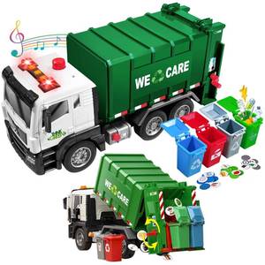 lot 11978 image: Garbage Truck Toy, Large Friction Powered Trash Truck Toy with Light and Sounds, 4 Trash Bins and Learning Cards for Kids