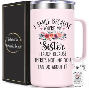 lot 11980 image: Lifecapido Sister Gifts from Sisters, I Smile Because You��re My Sister 20oz Insulated Coffee Mug with Keychain, Birthday Christmas Mothers Day Gifts for Sisters, Rose Quartz