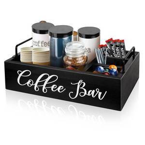 lot 11985 image: MINCORD Coffee Station Organizer Wooden Coffee Bar Holder Accessories for Countertop, Farmhouse Kcup Pod Storage Basket with Handle - Black