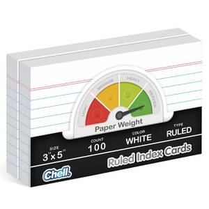 lot 12290 image: Chell Extra Heavyweight Ruled Index Cards 3x5 Inch, No Bleed-Through, 100 Count, Ruled Front and Blank Back, 85 lb. Cover Weight, White