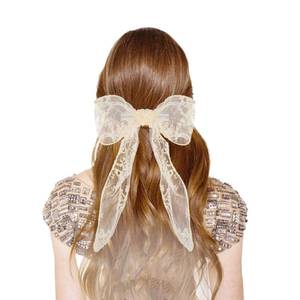 lot 12324 image: WLLHYF Lace Hair Bow Clips for Women, Large White Hair Ribbons Cute Tulle Bow Barrettes Bowknot Aesthetic Clips Hair Accessories for Women Girls Bridal (Beige)
