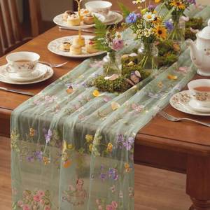 lot 12342 image: Windkream Sage Green Floral Table Runner 10ft Embroidery Tulle Spring Wildflower Table Runner Seasonal Summer Butterfly Kitchen Dining Gauze Decoration for Wedding Baby Shower Birthday Party (1 Pcs)