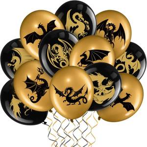 lot 12368 image: Zomiboo 50 Pieces Dragon Theme Party Supplies Dragon Birthday Party Decorations 12 Inch Black Gold Latex Balloons for Fantasy Birthday Supplies Teens Adults