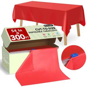 lot 13075 image: 54 in X 300 FT Red Plastic Table Cover Roll with Slide Cutter, Cuts Up to 36 Rectangle 8 Feet Disposable Plastic Table Cloths, Disposable Table Cover Roll for Dinning, Parties, BBQ, Wedding, Outdoor