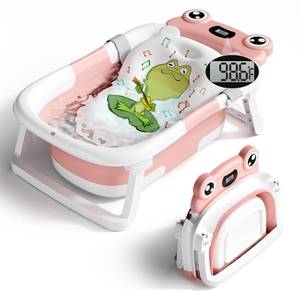 lot 13084 image: BUNWAG Baby Bathtub, Collapsible Newborn Bathtub for Infant to Toddler with Soft Cushion and Thermometer,Portable Travel Newborn Tub with No-Slip Feet, Baby Shower Gifts, 0-12 Months Baby Bath, Pink