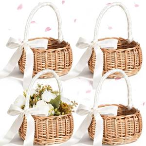lot 13110 image: Thyle 4 Pcs Flower Girl Baskets with Handle, 7.87 x 4.33 Inch, Wicker Rattan Lightweight Brown Rustic Flower Girl Baskets for Wedding Ceremony, Bridal Shower and Home Decoration(White Ribbon,Bow)