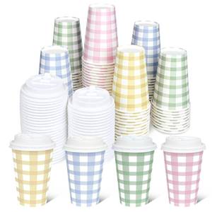lot 13118 image: 100 PACK 12OZ Gingham Disposable Coffee Cups with Lids, Colorful Disposable Plaid To Go Paper Coffee Cups Light Blue Pink Green Yellow Checkered Coffee Cup for HotCold Drinks Beverages (4 Colors)