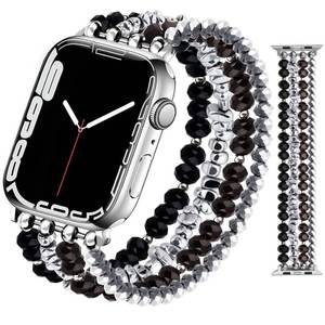 lot 14369 image: JR.DM Beaded Bracelet Bands for women Compatible with Apple Watch 40mm 38mm 41mm 44mm 42mm(S1011) Fashion Dressy Stretchy Handmade Strap for iWatch Series 1110987654SE 321(BlackSilver)