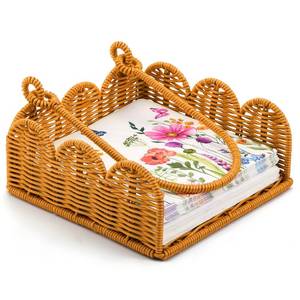 lot 14370 image: Cinnvoice Scalloped Napkin Holder Square Wicker Napkin Holder, Woven Boho Cocktail Towel Basket, Rustic Decorative Towel Tray for Kitchen Bathroom Restaurant Table 7.5 x 7.5 x 2.5 (Rattan)