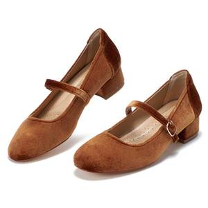 lot 14377 image: Hingswink Velvet Mary Jane Pumps for Women Dressy Low Heel 2 Inch Chunky Heel with Adjustable Ankle Strap, Brown