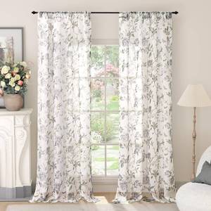 lot 14406 image: Lajode Floral Sheer Curtains for Living Room Window, Vintage Farmhouse Light Filtering Privacy Semi-Sheer Linen Curtains for Bedroom 84 Inch Length 2 Panels, Rod Pocket, Grey, Each 52 Inch Wide