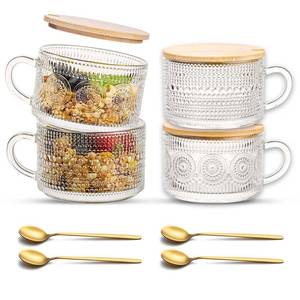 lot 15745 image: JBHO Vintage Glass 14OZ Coffee Mugs 4pcs Clear Embossed Glass Cups with Bamboo Lids and Spoons Gifts for Women Overnight Containers for Tea,Cereal,Cappuccino, Latte