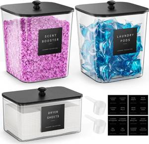 lot 15767 image: Moforoco 3 Pack Laundry Pods Container, Clear Laundry Room Organization Containers,Large Detergent Powder Storage, Black Wooden Lids & Labels, Acrylic Pods Holder
