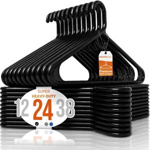 lot 15772 image: HOUSE DAY Premium Heavy Duty Plastic Hangers 24 Pack - Ultra Thick Black Clothes Hangers - 20 lb Capacity - Sturdy Hangers for Coats, Jackets, Suits & Jeans - Closet Organizer for Dorm, Apartment