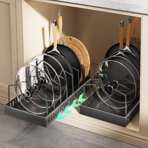 lot 15776 image: Lozovin Pull Out Pots and Pans Organizer Under Cabinet, Sliding Lid Holder and Pan Rack in Kitchen, Slide Out Inside Cabinet Storage for Pot Lid, Bakeware, Dishes, 8 Adjustable Dividers, 2 Pack Black
