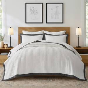 lot 15784 image: EVERGRACE Cotton Border Frame Tack-Stitch Quilt Bedding Set King Size, Coastal Oversized 3 Pieces Lightweight Bedspread Coverlet for All Season, with 2 Matching Shams, Washed Black