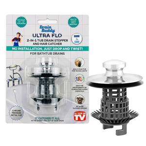 lot 16286 image: Drain Buddy Ultra Flo No Installation 2 in 1 Clog Preventing Tub Drain Stopper and Hair Catcher for 1 38 to 1.5 Bathtubs and Utility Sinks Chrome Metal Cap