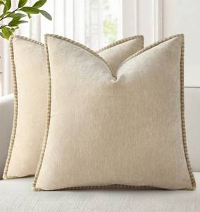 lot 16296 image: decorUhome Summer Chenille Soft Cozy Throw Pillow Covers 18x18 Set of 2, Modern Farmhouse Boho Velvet Decorative Pillow Cases with Stitched Edge for Couch Sofa Bed Home Decor, Beige