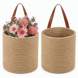 lot 16297 image: YOUEON Set of 2 Jute Hanging Basket 7.8 x 6.7, Small Wall Hanging Planter Baskets, Natural Jute Woven Storage Basket for Flower Plants Towels Sunglasses Wallet Keys, Boho Decor