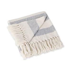 lot 16329 image: DII Rustic Farmhouse Cotton Cabana Striped Blanket Throw with Fringe, 50 x 60 - Cabana Striped Off-White with French Blue
