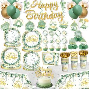 lot 16349 image: Yingoto 213 Pcs Sage Green Birthday Decorations Plates and Napkins Set, Gold and Green Eucalyptus Flowers Banner Balloons Cake Topper greenery Tablecloth Women Birthday Decorations Table Decor