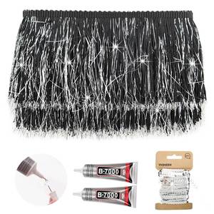 lot 16354 image: Yhsheen Black Fringe Trim with Tinsel, 5Yards X 4 Inch Metallic Fringe Trim with B7000 Glue for Karma Jacket Costume Crafts Sparkly foil Wedding Birthday Party Decoration