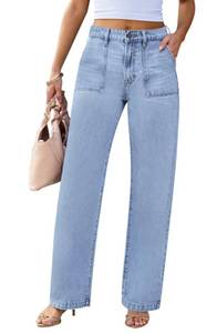 lot 16364 image: Womens Wide Leg Jeans High Waisted Carpenter Cargo Casual Flap Pocket Straight Leg Jeans for Women,Lightblue,US4