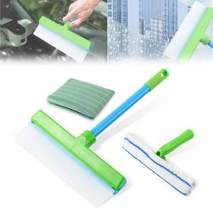 lot 16371 image: Window Cleaning Kit, Window Squeegee, Recyclable Silicone Window Squeegee Kit, 3 in 1 Glass Cleaning Tool with Rotatable Rubber Microfiber Scrubber (1 Set)