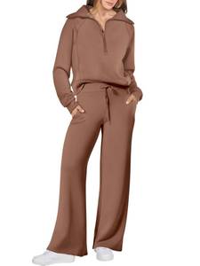 lot 16389 image: ANRABESS Women��s 2 Piece Outfits Half Zip Sweatshirt & Wide Leg Pants Airport Travel Lounge Matching Sets Sweatsuits Clothing Brown Medium