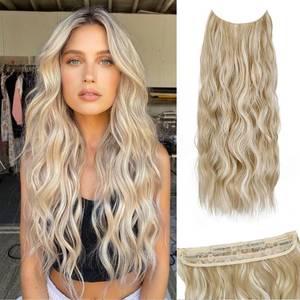 lot 16390 image: Blonde Highlights Invisible Wire Hair Extensions Long Wavy Synthetic Hairpiece with 4 Secure Clips for Women 24 Inch Clip in Hair Extensions