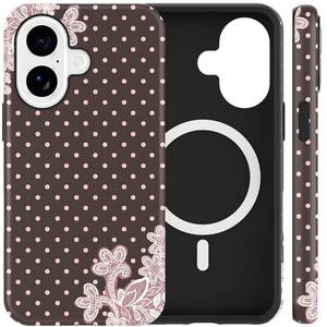 lot 16392 image: Vulfwela Cute Pink Polka Dot Phone Case for iPhone 16 Brown Magnetic Case 6.1 Compatible with Magsafe, Aesthetic Trendy White Lace Pattern 2-in-1 Cover Shockproof Slim Funda for Women Girls
