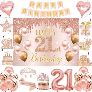lot 18025 image: Happy 21st Birthday Decorations For Her,Pink Rose Gold 21st Birthday Gifts For Her 21st Birthday Sash Crown Cake Topper Number Balloons Banner Backdrop Hanging Swirls Birthday Party Supplies