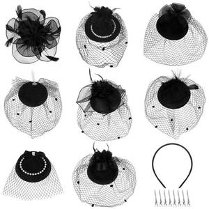 lot 18070 image: Geyoga 8 Pcs Mardi Gras Fascinators Funeral Hats Pillbox Hat with Veil Feather Headband for Women Tea Party Carnival Costume(Black,Novel)