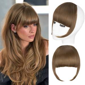 lot 18074 image: Flvaco Clip in Bangs, Synthetic French Bangs Hair Clip, Light Chestnut Brown Fake Bangs Fringe with Temples Hairpieces for Women Natural Curved Hair Extensions for Daily Wear