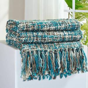 lot 18097 image: GINAMUSE Multi-Color Teal Cable Woven Throw Blanket for Couch,50X60 Boho Style Textured Blankets for Home Decor,Super Soft Warm Cozy Chunky Blanket with Decorative Tassels for Bed and Sofa